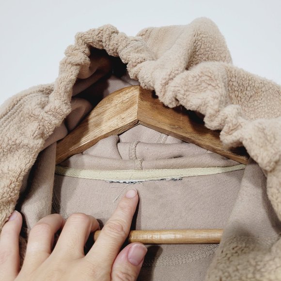 Fleece Sherpa Hoodie Oversized Sweater Khaki Tan Sweatshirt Cinch Waist Kangaroo - Picture 7 of 12